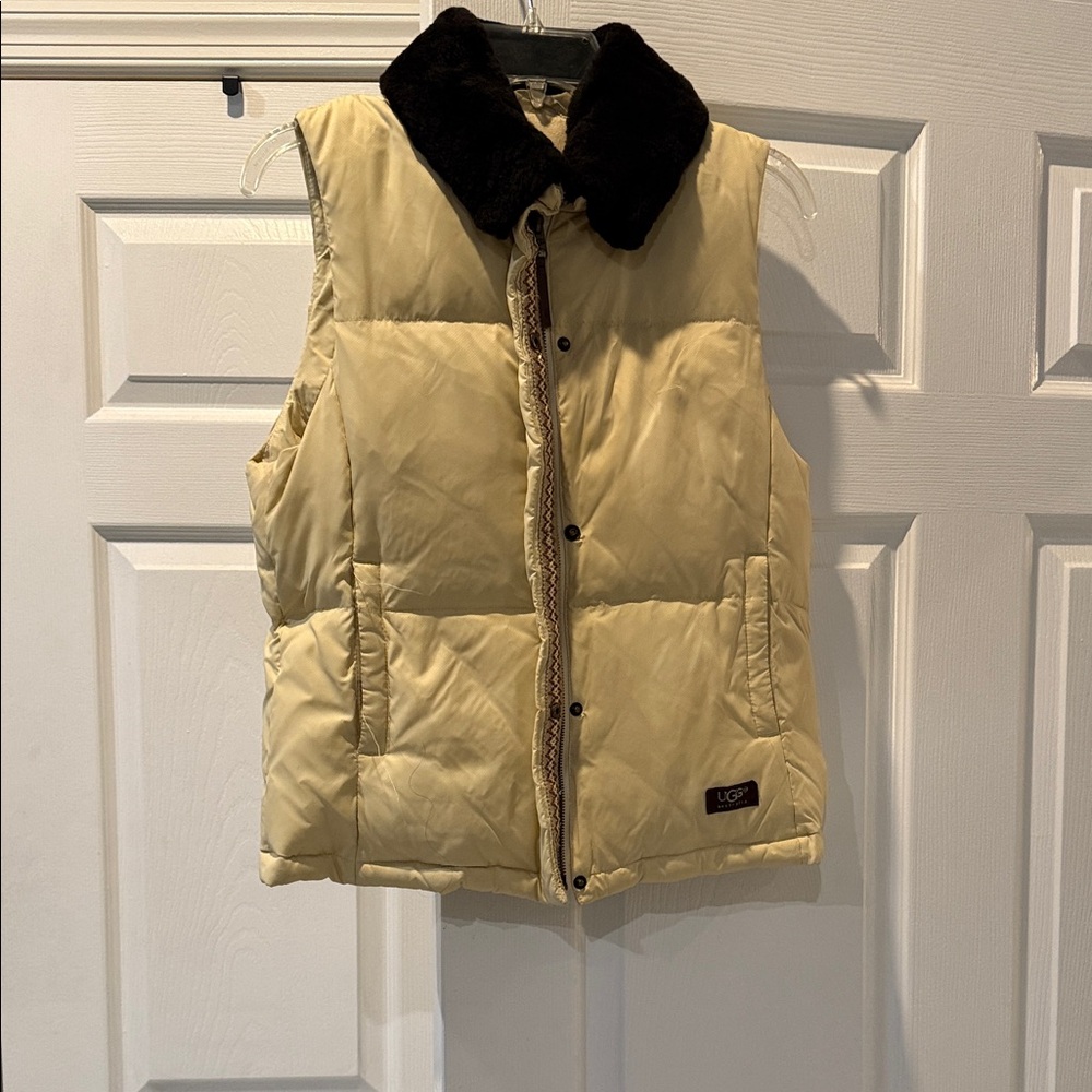 UGG Tan Puffer Vest with brown faux fur Collar